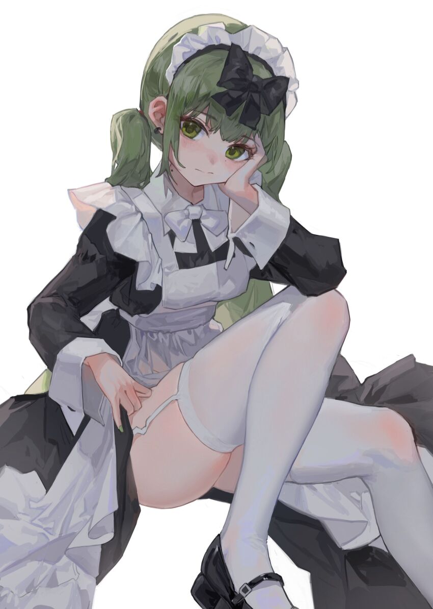 1girl absurdres apron black_dress black_footwear blush bow bowtie closed_mouth clothes_lift dress earrings foot_out_of_frame garter_straps green_eyes green_hair green_nails head_rest highres jewelry juliet_sleeves long_hair long_sleeves maid maid_apron maid_headdress mole mole_on_neck original puffy_sleeves sentter sidelocks simple_background sitting skindentation skirt skirt_lift solo thighhighs thighs twintails white_background white_bow white_bowtie white_thighhighs