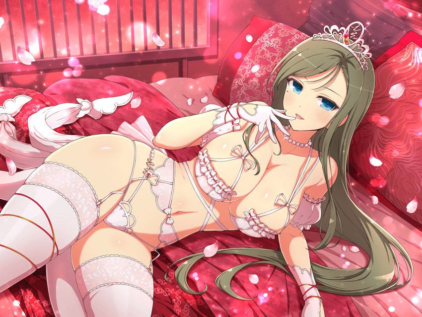 bed_sheet blue_eyes breasts bridal_lingerie brown_hair cleavage clothing_cutout falling_petals finger_to_mouth fuga_(senran_kagura) garter_belt garter_straps gloves heart_cutout highres jewelry large_breasts light_blush lingerie long_hair looking_at_viewer mole mole_under_eye navel necklace official_art on_bed open_mouth pearl_necklace petals pillow red_ribbon ribbon rose_petals senran_kagura senran_kagura_new_link smile tiara underwear