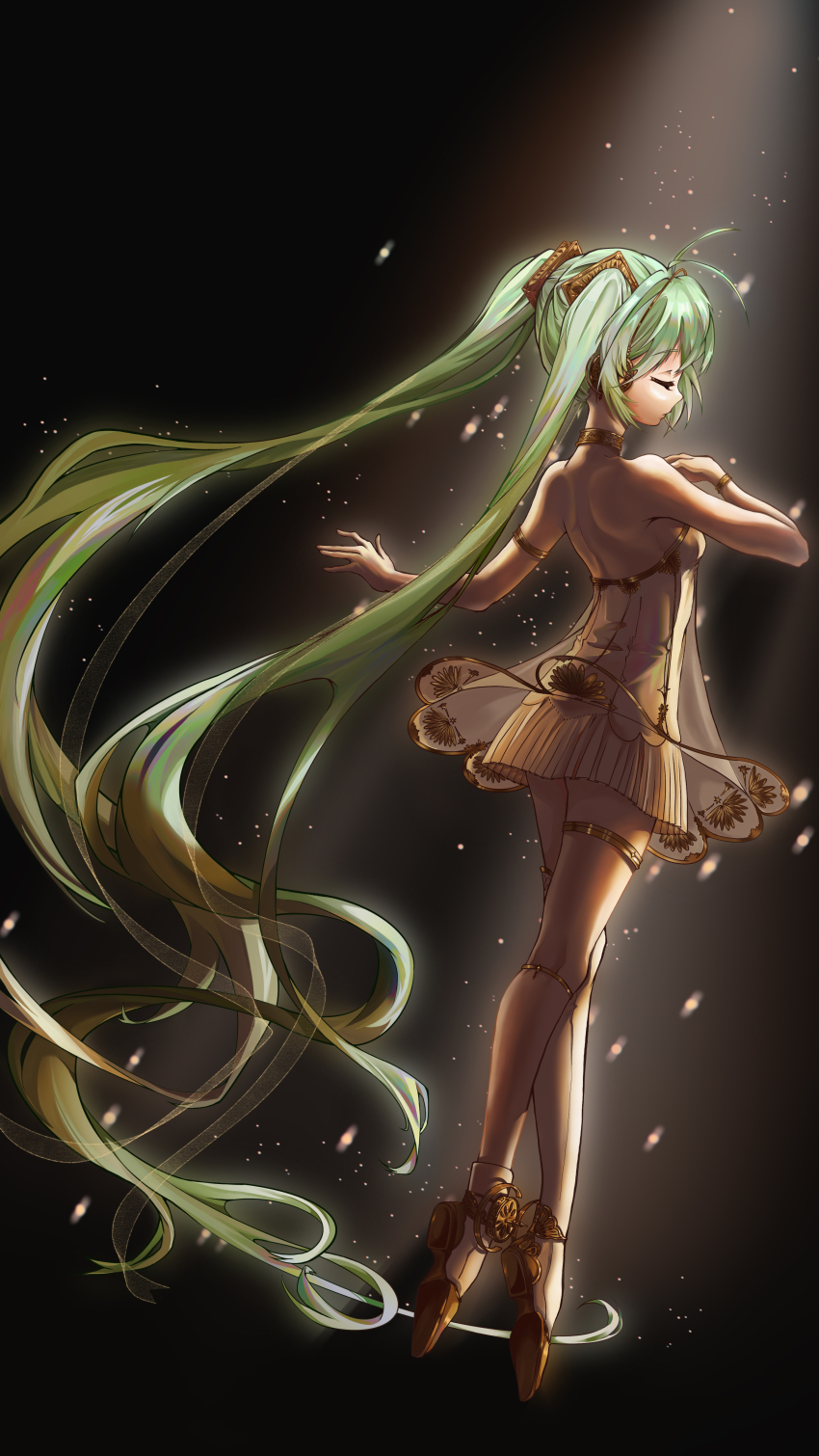 1girl absurdly_long_hair absurdres armlet bracelet choker closed_eyes dress en_pointe from_behind full_body gramophone_miku green_hair hair_ornament hatsune_miku headphones highres jewelry long_hair miku_symphony_(vocaloid) see-through_clothes see-through_dress serena_wimper53 short_dress single_thighhigh solo spotlight thigh_strap thighhighs twintails very_long_hair vocaloid