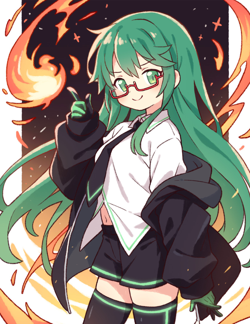 1girl :&gt; arm_at_side black_background black_coat black_gloves black_necktie black_skirt black_thighhighs border borrowed_character breasts closed_mouth coat coat_partially_removed collared_shirt commission cowboy_shot double-parted_bangs fading_border fire flipped_bangs glasses gloves glowing_trim gradient_background green_eyes green_gloves green_hair hand_up highres index_finger_raised long_hair long_sleeves looking_at_viewer medium_breasts midriff miniskirt navel necktie off_shoulder onyhakase open_clothes open_coat original pleated_skirt pyrokinesis rectangular_eyewear red-framed_eyewear second-party_source shirt skirt solo sparkle standing thighhighs two-sided_gloves v-shaped_eyebrows very_long_hair white_border wind wing_collar yellow_background zettai_ryouiki