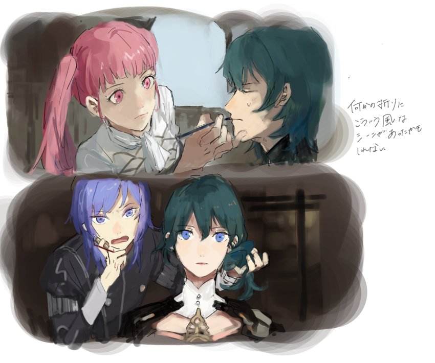 2boys 2girls absurdres adjusting_hair armor ascot blue_eyes blue_hair byleth_(female)_(fire_emblem) byleth_(fire_emblem) byleth_(male)_(fire_emblem) closed_eyes closed_mouth detached_collar fire_emblem fire_emblem:_three_houses garreg_mach_monastery_uniform hair_between_eyes highres hilda_valentine_goneril kasimitu3 makeup makeup_brush matching_hair/eyes multiple_boys multiple_girls nintendo open_mouth pink_eyes pink_hair purple_eyes purple_hair short_hair simple_background twintails upper_body yuri_leclerc