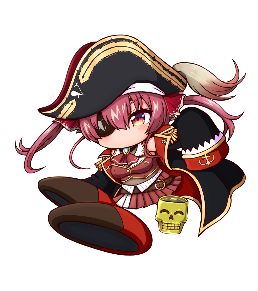 1girl blush cape chibi chibi_only eyepatch hat highres hololive houshou_marine houshou_marine_(1st_costume) jikkyou_powerful_pro_yakyuu jikkyou_powerful_pro_yakyuu_(style) no_mouth orange_eyes rayman_limbs red_hair shiroi_tansu simple_background solo virtual_youtuber white_background