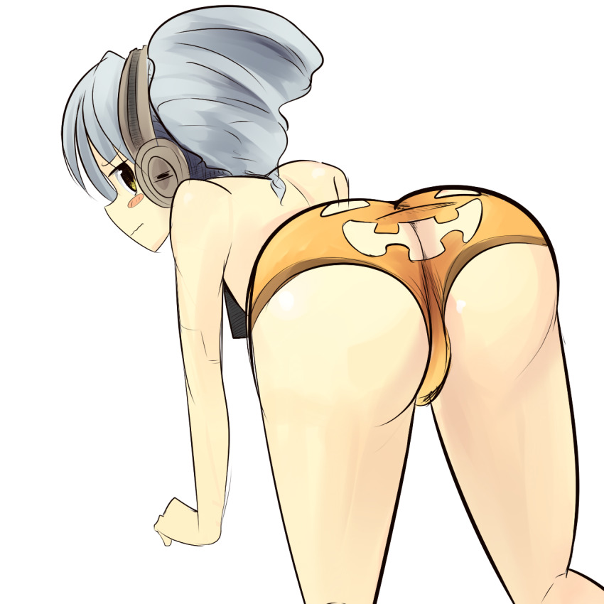 1girl ass ass_cutout ass_focus blush_stickers boa_(brianoa) butt_crack closed_mouth clothing_cutout disc_(needless) drill_hair female_focus halloween headphones highres jack-o&#039;-lantern long_hair looking_at_viewer needless orange_panties panties silver_hair simple_background solo transparent_background twintails underwear white_background yellow_eyes