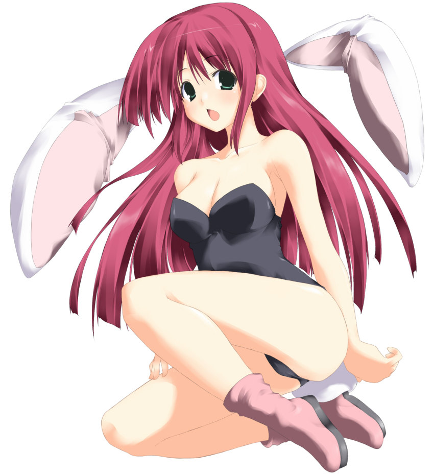 1girl animal_ears armpits bad_id bad_pixiv_id bare_legs bare_shoulders blush boots breasts cleavage fake_animal_ears female_focus green_eyes highres kneeling legs leotard long_hair open_mouth original pink_footwear playboy_bunny rabbit_ears red_hair shy simple_background solo surprised take_shinobu takesinobu white_background