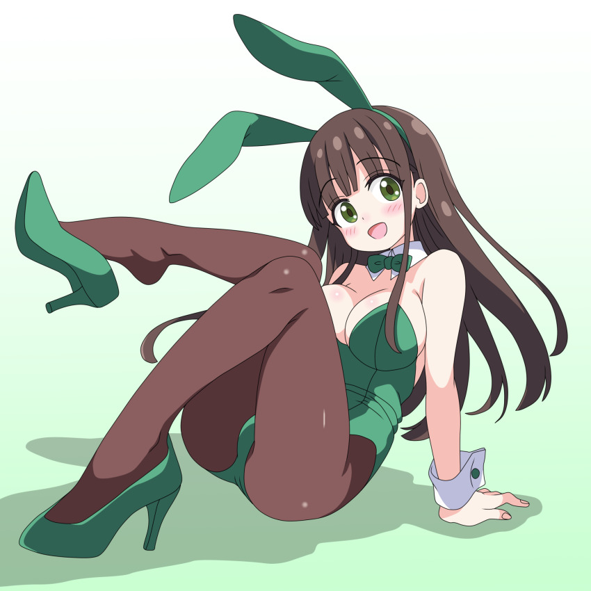 1girl animal_ears black_hair black_pantyhose blunt_bangs bow bowtie breasts cleavage detached_collar gochuumon_wa_usagi_desu_ka? gradient_background green_background green_bow green_bowtie green_eyes green_footwear green_leotard high_heels highres leotard long_hair medium_breasts pantyhose playboy_bunny rabbit_ears sakuzo smile solo strapless strapless_leotard ujimatsu_chiya white_background wrist_cuffs