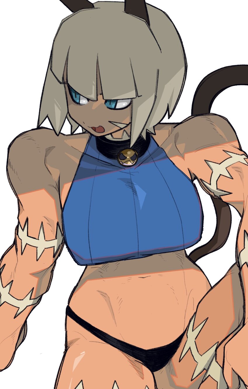 1girl animal_ears blue_eyes bob_cut bone_nigi breasts cat_ears cat_girl collar collarbone color_study crop_top highres ms._fortune_(skullgirls) navel open_mouth scar skullgirls tail upper_body white_background