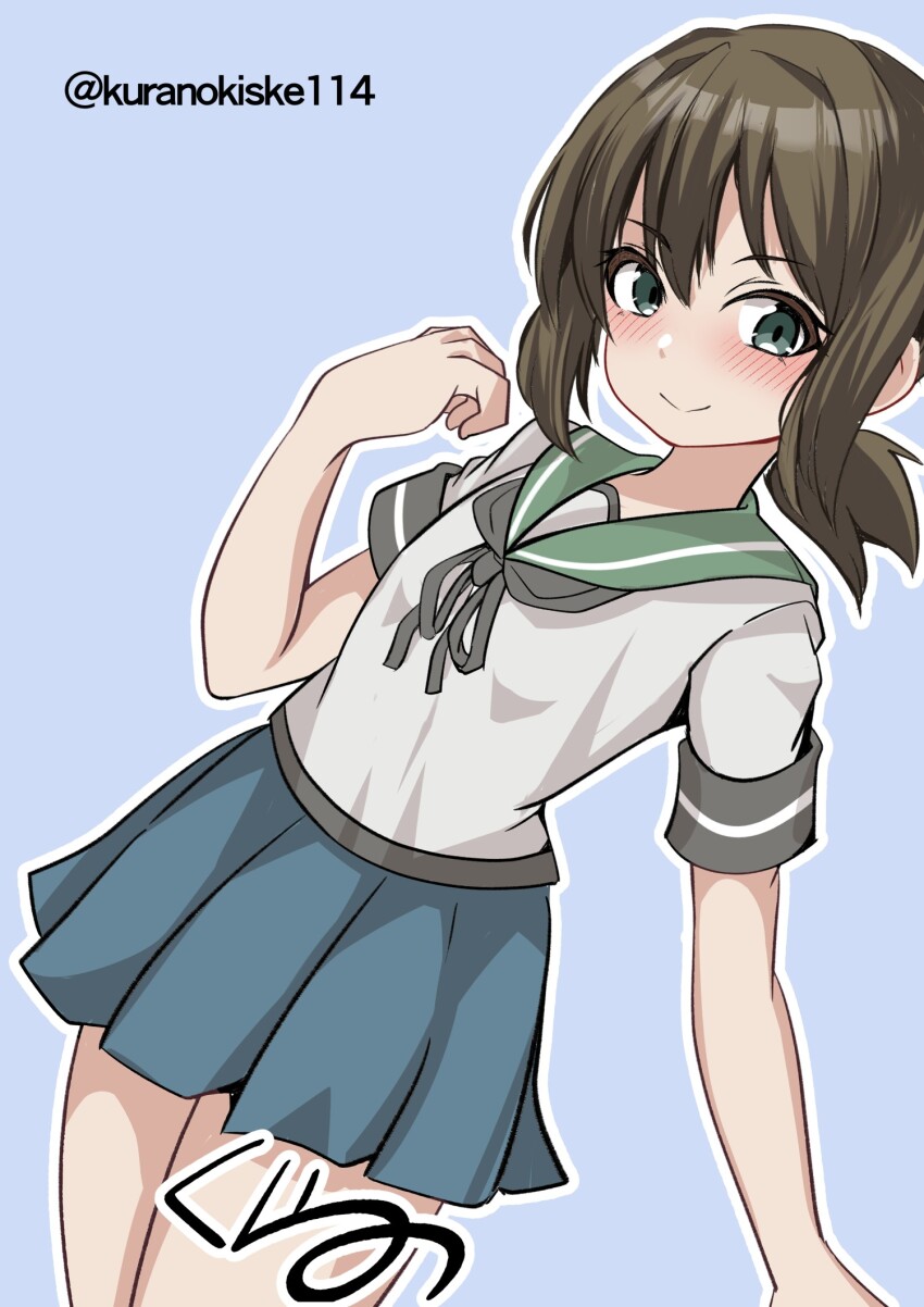 1girl black_neckerchief blue_background blue_skirt blush brown_hair commentary_request cowboy_shot dutch_angle fubuki_(kancolle) green_eyes green_sailor_collar hair_between_eyes hand_up highres kantai_collection kurano_kisuke looking_at_viewer low_ponytail miniskirt neckerchief one-hour_drawing_challenge outline pleated_skirt ponytail sailor_collar school_uniform serafuku shirt short_sleeves sidelocks simple_background skirt smile solo thighs twitter_username white_outline white_shirt