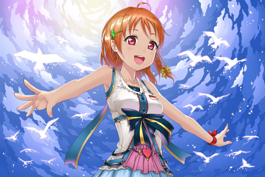 1girl :d ahoge bird blue_skirt blue_sky bow braid breasts cloud clover_hair_ornament collarbone crazypen earrings hair_bow hair_ornament heart heart_earrings jewelry love_live! love_live!_sunshine!! medium_breasts open_mouth orange_hair outstretched_arms outstretched_hand pleated_skirt red_eyes red_ribbon ribbon shirt short_hair single_braid skirt sky sleeveless sleeveless_shirt smile solo standing takami_chika upper_body white_shirt wrist_ribbon yellow_bow