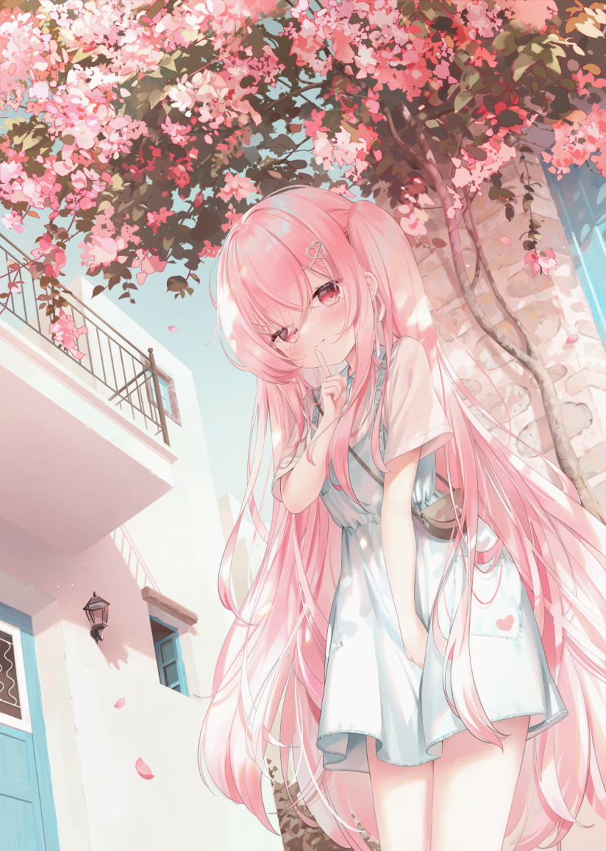 1girl bag blue_dress blush chen_bin cherry_blossoms closed_mouth cowboy_shot day dress falling_petals hair_between_eyes hair_ornament hairclip highres long_hair original outdoors petals pink_eyes pink_hair short_sleeves shoulder_bag solo tree