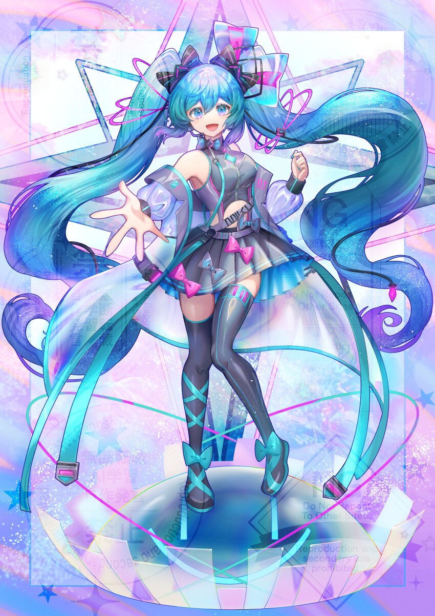 1girl :d absurdres aqua_eyes aqua_hair aqua_nails black_footwear black_skirt boots bow commentary_request dot_nose full_body gradient_hair hair_between_eyes hair_bow hatsune_miku highres jacket kozou_kazaru long_hair looking_at_viewer multicolored_hair open_clothes open_jacket open_mouth pink_bow purple_hair see-through_clothes see-through_jacket skirt smile solo star_(symbol) thigh_boots tongue twintails very_long_hair vocaloid watermark