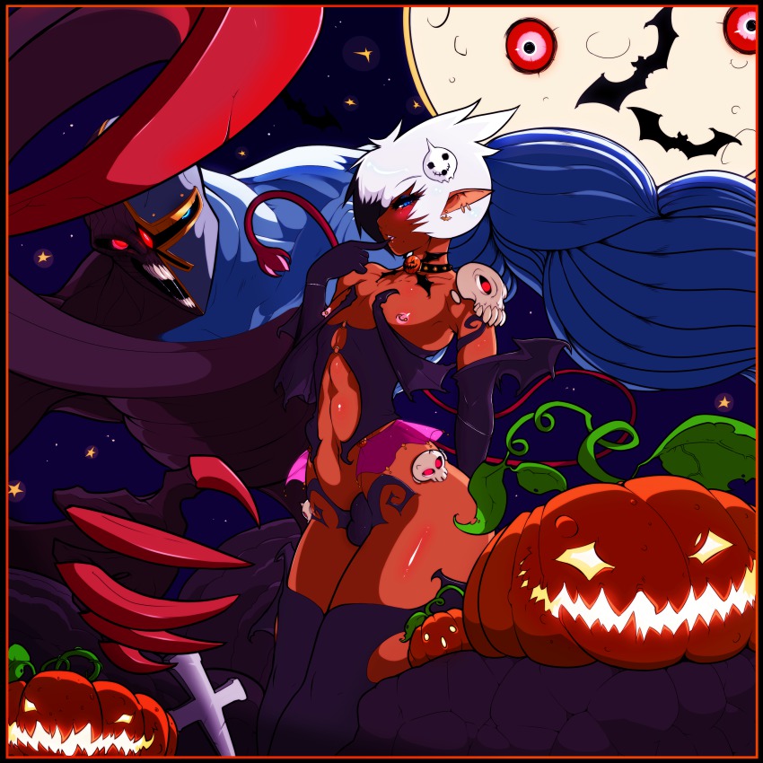 1boy absurdres androgynous black_hair blue_eyes blush bulge candy_(darthsaburou) choker crossdressing dark_skin darthsaburou demon_boy fangs halloween highres male_focus mole monster moon multicolored_hair naughty_face night nipple_piercing nipples outdoors piercing pumpkin smile trap two-tone_hair white_hair wide_hips