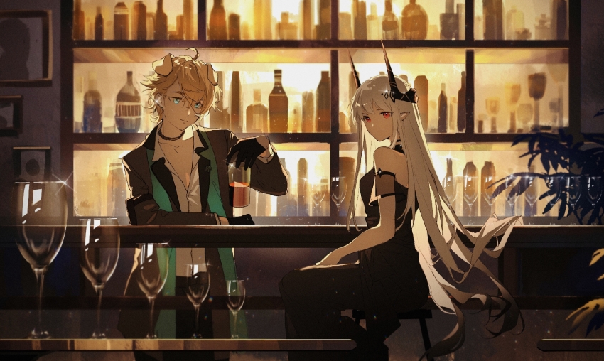 1boy 1girl animal_ears aqua_eyes arknights bar_(place) bar_stool bare_shoulders black_dress black_jacket breasts butterfly768 closed_mouth commentary_request cup detached_sleeves dog_ears dress drinking_glass feet_out_of_frame highres holding holding_cup horns indoors jacket long_hair looking_at_viewer making-of_available medium_breasts mudrock_(arknights) mudrock_(obsidian)_(arknights) official_alternate_costume open_clothes open_jacket pointy_ears procreate_(medium) red_eyes see-through_clothes shirt short_sleeves sitting smile stool table tequila_(arknights) tequila_(cardwinner)_(arknights) very_long_hair video_thumbnail white_hair white_shirt