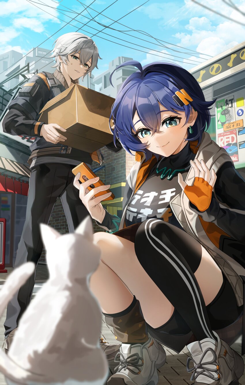 1boy 1girl absurdres aida_noa asymmetrical_legwear belle_(zenless_zone_zero) bike_shorts black_pants black_shirt black_thighhighs blue_hair blue_sky box brother_and_sister cardboard_box cat cellphone closed_mouth crossed_bangs day denim denim_jacket earrings fingerless_gloves gloves green_eyes grey_hair hair_ornament highres holding holding_box holding_phone jacket jewelry letter_hair_ornament looking_at_animal orange_gloves outdoors pants phone power_lines shirt siblings single_fingerless_glove single_thighhigh sky sleeveless sleeveless_jacket small_sweatdrop smartphone smile squatting thighhighs waving white_cat wise_(zenless_zone_zero) zenless_zone_zero