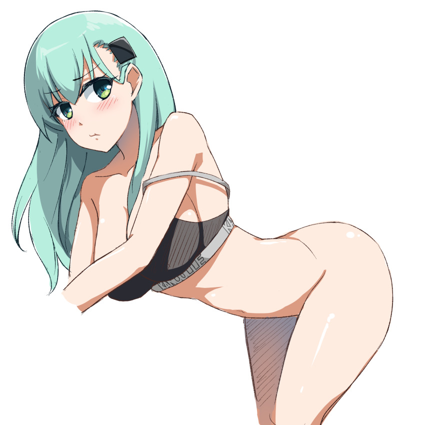 1girl absurdres aqua_hair ass black_bra blush bottomless bra bra_only breasts calvin_klein cleavage green_eyes hair_ornament highres kantai_collection long_hair navel simple_background solo sorano_(12gou) suzuya_(kancolle) underwear white_background