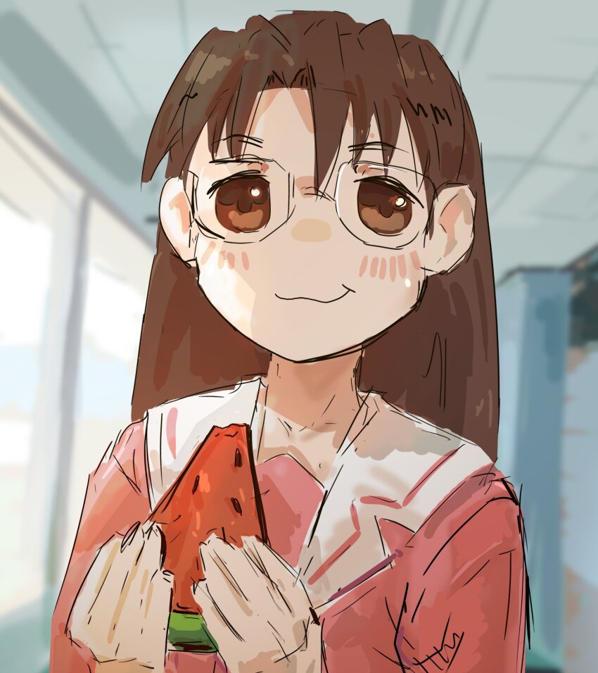 azumanga_daioh&#039;s_school_uniform azumanga_daiou blush brown_eyes brown_hair eating food fruit glasses highres holding holding_food holding_fruit holding_watermelon liamickpie mizuhara_koyomi pink_shirt sailor_collar school_uniform serafuku shirt watermelon watermelon_slice white_sailor_collar