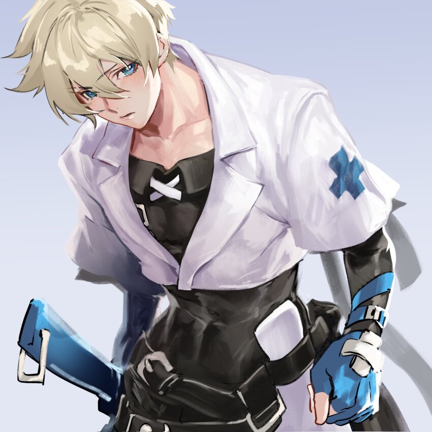 1boy black_shirt blonde_hair blue_eyes blue_gloves clenched_hand closed_mouth collarbone commentary_request cowboy_shot cropped_jacket fingerless_gloves gloves grey_background guilty_gear hair_between_eyes highres holstered jacket kin_mokusei ky_kiske lapels layered_sleeves long_sleeves male_focus shirt short_hair short_over_long_sleeves short_sleeves simple_background solo sword weapon white_jacket