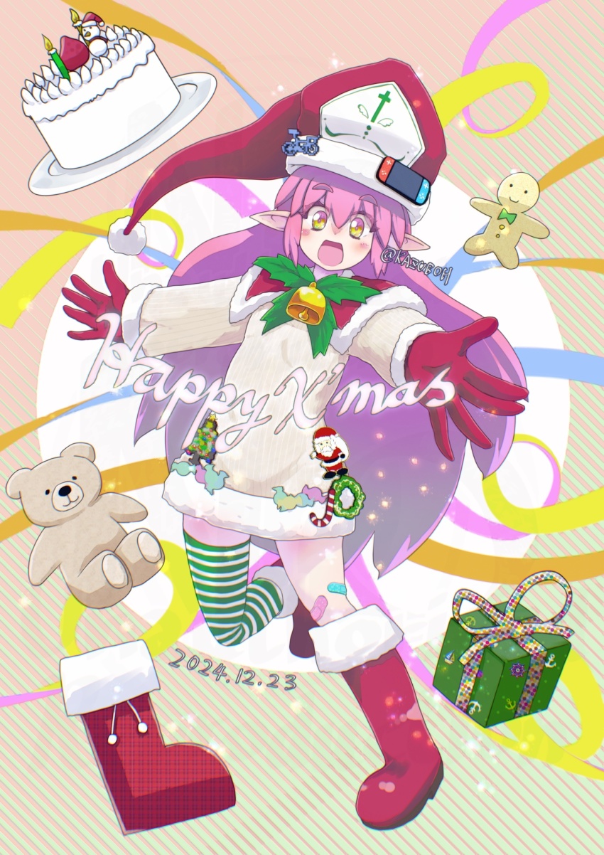 1girl artist_name bandaid bandaid_on_leg bluesky_username boots cake christmas_cake christmas_stocking dated food gift gingerbread_man gloves gradient_eyes hat_pin highres kazuboh long_hair multicolored_eyes original pointy_ears purple_eyes purple_hair red_footwear red_gloves ribbed_sweater santa_boots santa_costume single_thighhigh striped_clothes striped_thighhighs stuffed_animal stuffed_toy sweater teddy_bear thighhighs very_long_hair yellow_eyes