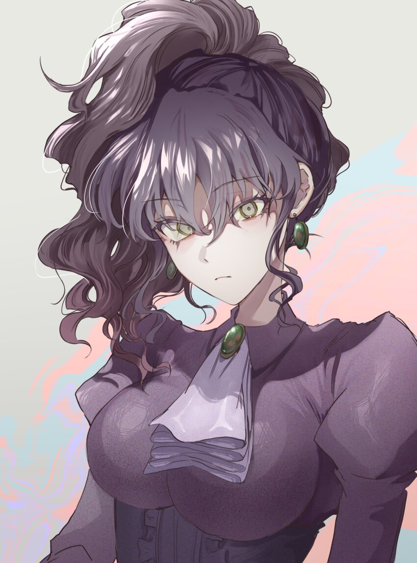 1girl ascot black_hair breasts closed_mouth commentary_request earrings gem green_eyes green_gemstone hair_between_eyes highres jewelry large_breasts layered_ascot looking_at_viewer medium_hair smile solo soresono88 umineko_no_naku_koro_ni upper_body ushiromiya_natsuhi wavy_hair white_ascot