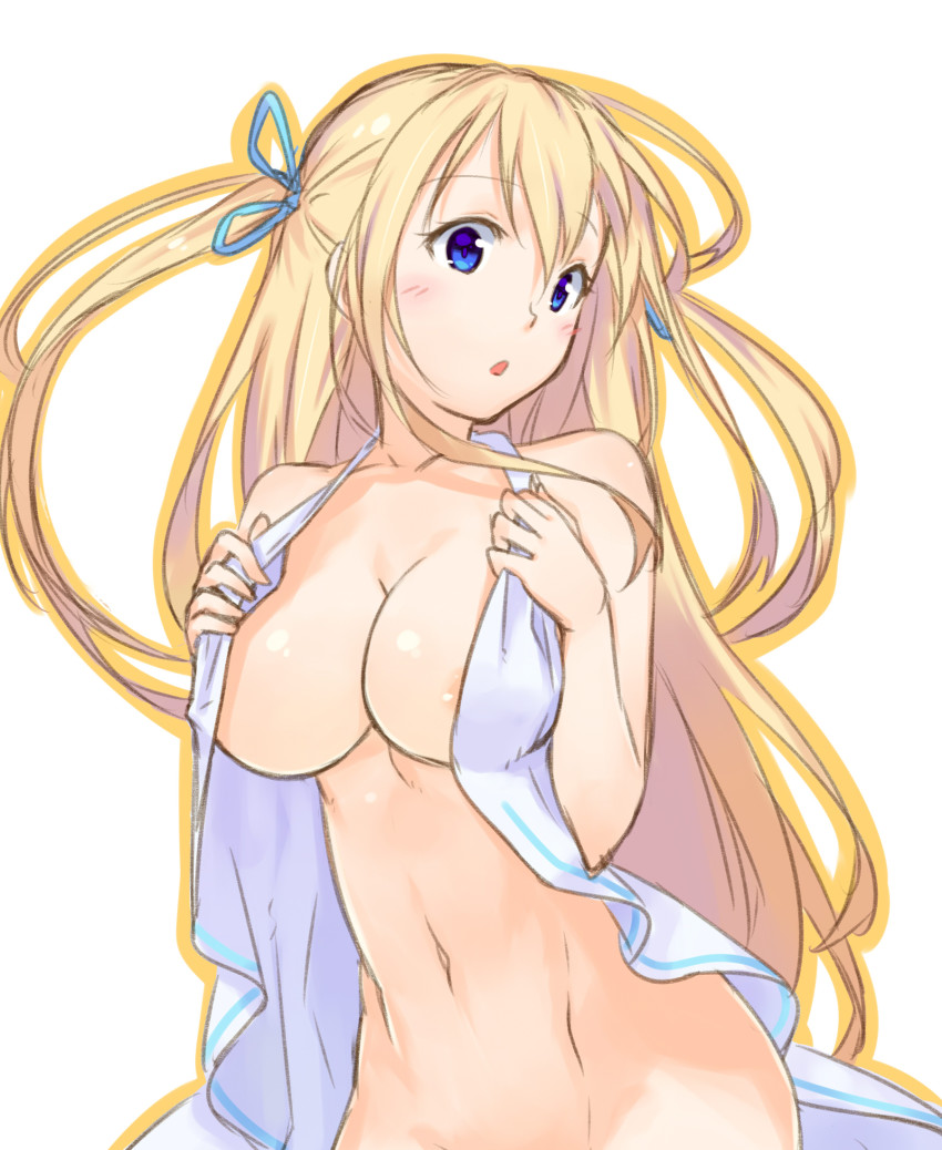 10s 1girl :o amagi_brilliant_park areola_slip bad_id bad_pixiv_id blonde_hair blue_eyes blush bottomless breasts female_focus hair_ribbon highres large_breasts long_hair nakama_daichi navel ribbon solo standing sylphy_(amaburi) two_side_up undressing very_long_hair