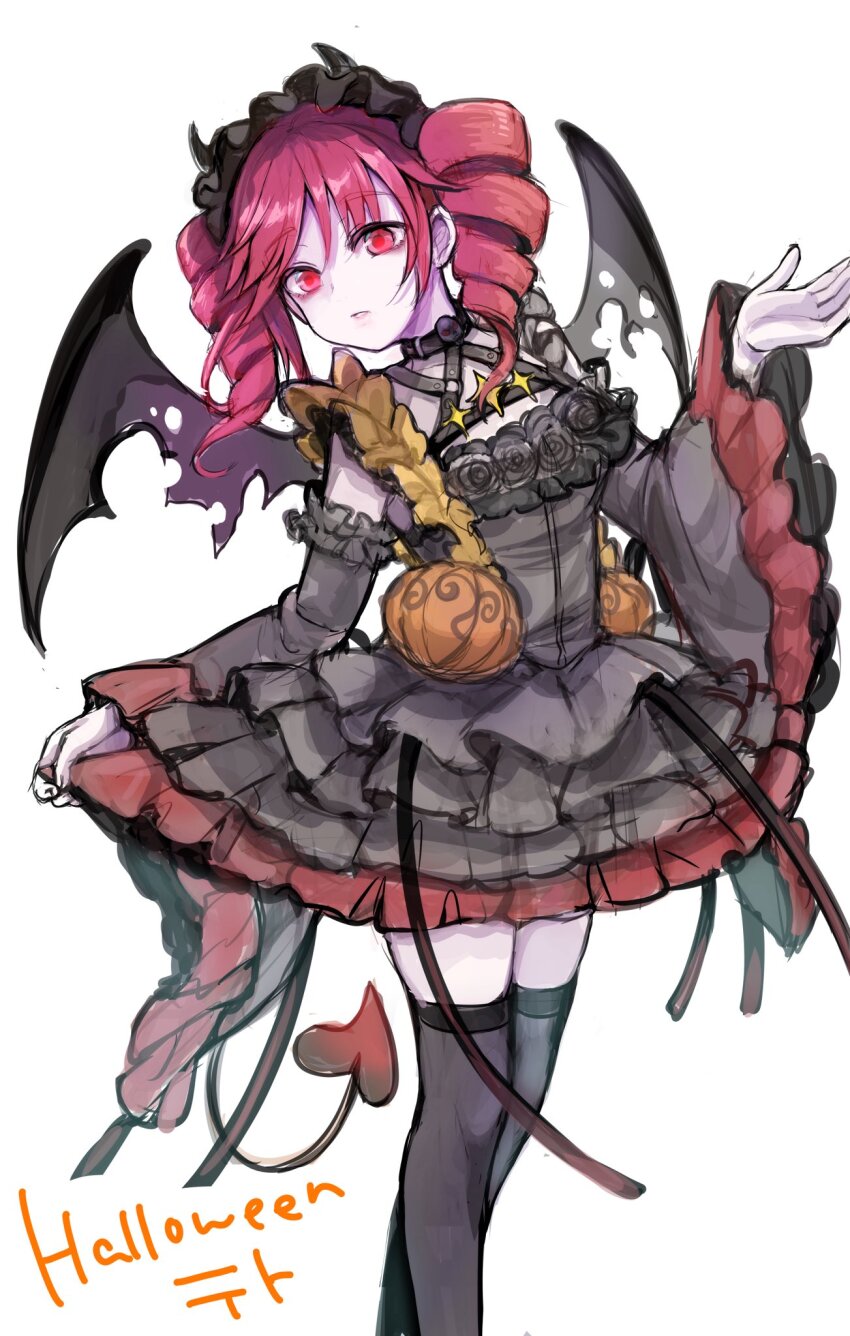 1girl black_dress black_sleeves black_thighhighs black_wings chjk000 demon_tail detached_sleeves dress drill_hair flat_chest frilled_dress frills halloween_costume highres kasane_teto kasane_teto_(halloween) official_alternate_costume parted_lips pumpkin red_eyes red_hair red_tail short_dress siblings sisters skirt_hold sleeveless sleeveless_dress solo standing tail thighhighs twin_drills utau white_background wings