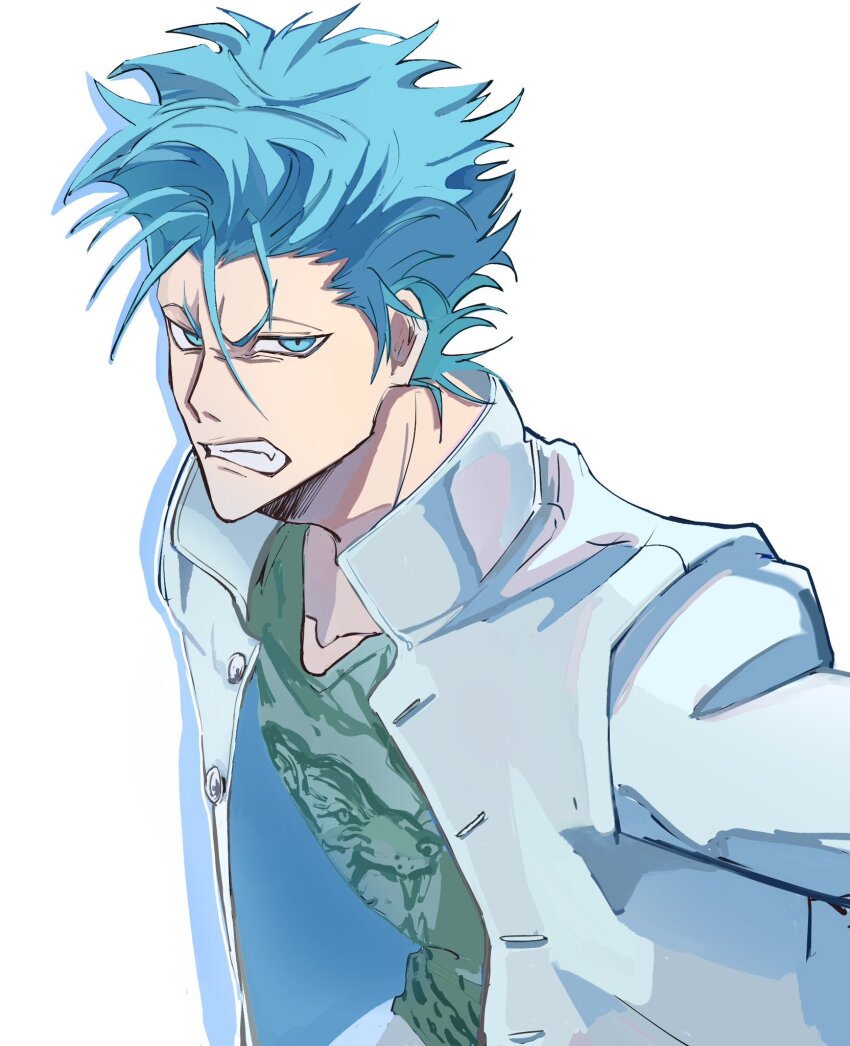 1boy alternate_costume bleach blue_eyes blue_hair blue_outline clenched_teeth collarbone grimmjow_jaegerjaquez hair_between_eyes highres humanization inutaro63 jacket looking_at_viewer male_focus open_clothes open_jacket outline school_uniform scowl solo teeth upper_body v-shaped_eyebrows white_background white_jacket