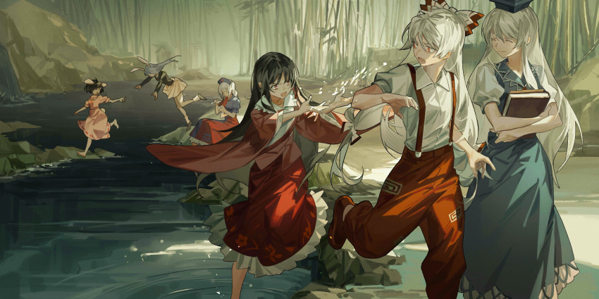 6+girls :d ^_^ animal_ears bamboo bamboo_forest barefoot black_hair black_jacket blazer blue_dress blue_hat book bow carrot_necklace closed_eyes closed_mouth collared_shirt dress erlenmeyer_flask flask forest fujiwara_no_mokou game_cg hair_bow hat highres holding holding_book holding_flask holding_test_tube houraisan_kaguya huang_gua inaba_tewi jacket jewelry kamishirasawa_keine long_hair long_sleeves multiple_girls nature necklace nurse_cap official_art ofuda ofuda_on_clothes open_mouth pants pink_dress pink_shirt pink_skirt puffy_short_sleeves puffy_sleeves purple_hair rabbit_ears rabbit_tail red_dress red_eyes red_footwear red_pants red_skirt reisen_udongein_inaba ribbon-trimmed_dress ribbon_trim river shirt short_hair short_sleeves sitting skirt smile socks splashing suspenders tail test_tube third-party_source touhou touhou_lostword trigram two-tone_dress very_long_hair water white_bow white_hair white_shirt white_socks wide_sleeves yagokoro_eirin