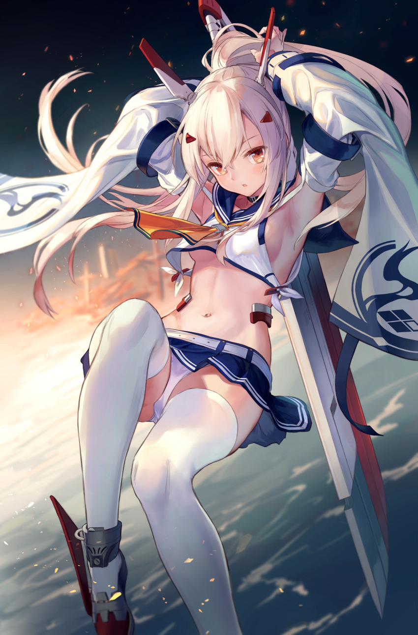 1girl armpits arms_up ayanami_(azur_lane) ayanami_(retrofit)_(azur_lane) azur_lane bare_shoulders black_choker blonde_hair blue_skirt breasts choker crop_top crop_top_overhang detached_sleeves headgear highres holding holding_sword holding_weapon long_hair long_sleeves looking_at_viewer midriff miniskirt navel neckerchief no_bra orange_eyes panties pantyshot pleated_skirt ponytail retrofit_(azur_lane) rudder_footwear sailor_collar shirt shoes skirt small_breasts solo stomach sword thighhighs u_jie underboob underwear weapon white_panties white_shirt white_thighhighs wide_sleeves