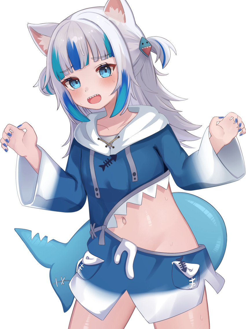 1girl absurdres animal_costume animal_ears blue_hair blue_hoodie blue_nails blush breasts cat_ears fins fish_tail gawr_gura gawr_gura_(1st_costume) grey_hair hair_ornament highres hololive hololive_english hood hoodie looking_at_viewer medium_hair multicolored_hair nail_polish navel nekopurin_(nyanko_prin) open_mouth shark_costume shark_girl shark_hair_ornament shark_tail sharp_teeth small_breasts smile streaked_hair tail teeth two_side_up upper_teeth_only virtual_youtuber