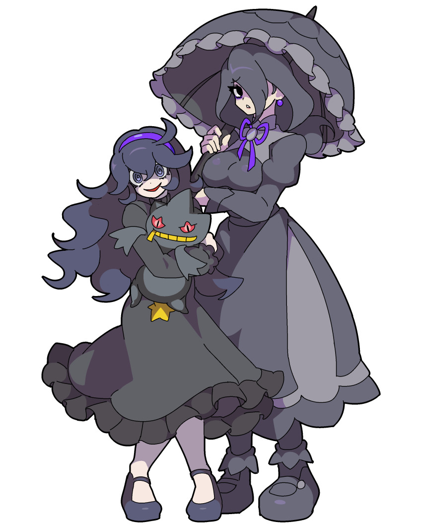 @_@ banette black_eyes black_hair blue_eyes breasts creatures_(company) dress game_freak gen_3_pokemon hex_maniac_(pokemon) hex_maniac_(pokemon_legends:_z-a) highres kekeken large_breasts long_dress long_hair multiple_girls nintendo pokemon pokemon_legends:_z-a pokemon_xy umbrella