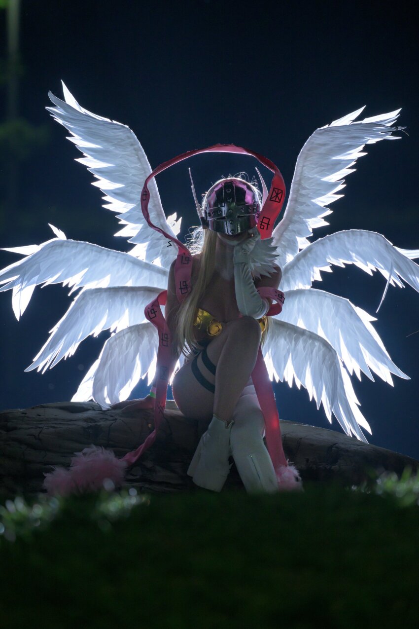 absurdres angel angel_girl angewomon angewomon_(cosplay) cosplay digimon digimon_(creature) head_wings highres long_hair mask photo_(medium) real_life wings