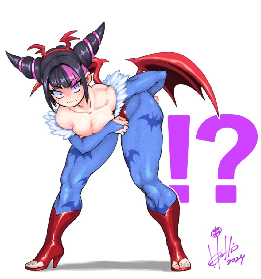 ! ? animal_print bat_print bent_over blue_nails blue_panties breasts bridal_gauntlets calves cleavage cosplay covering_breasts covering_privates embarrassed hairband han_juri hand_on_own_hip headband high_heels highres hori_shin leotard lilith_(darkstalkers) lilith_(darkstalkers)_(cosplay) multicolored_hair muscular muscular_female nail_polish panties pantyhose red_headband red_leotard signature thick_thighs thighs toeless_footwear toenail_polish toenails toes underwear wide-eyed winged_hairband wings