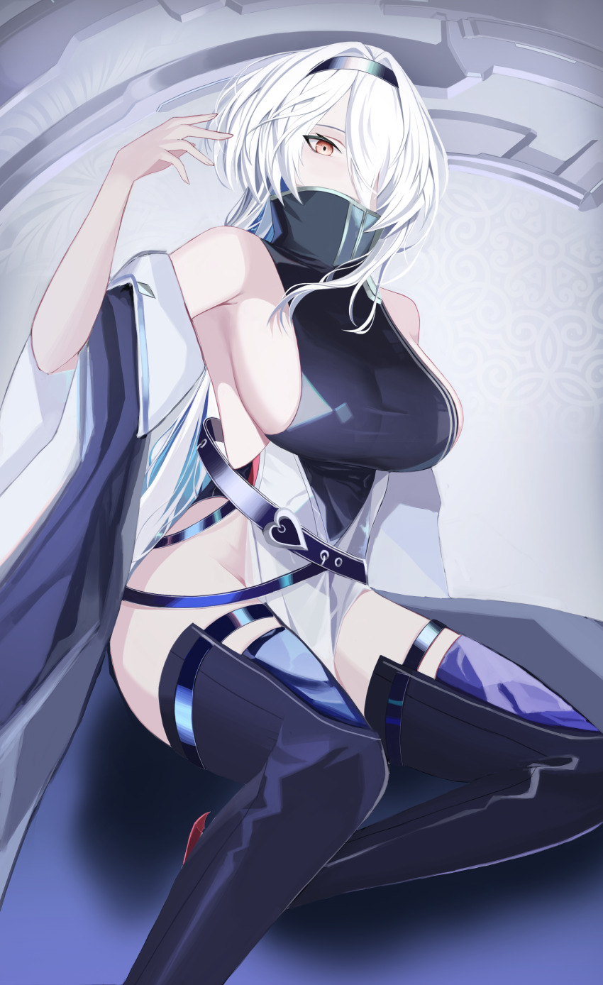 1girl absurdres aliez armpit_crease azur_lane bare_shoulders black_hairband blue_footwear boots breasts colorado_(azur_lane) colorado_(retrofit)_(azur_lane) covered_mouth hair_over_one_eye hairband hand_up highres large_breasts long_hair looking_at_viewer official_alternate_costume red_eyes sideboob solo taut_clothes very_long_hair white_hair