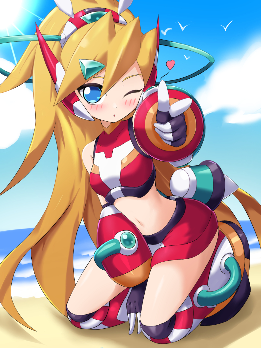 1girl armor armored_boots blonde_hair blowing_kiss blue_eyes blush boots breasts ciel_(mega_man) gloves highres long_hair mega_man_(series) mega_man_zero_(series) pointing ponytail red_skirt skirt small_breasts zerokun135