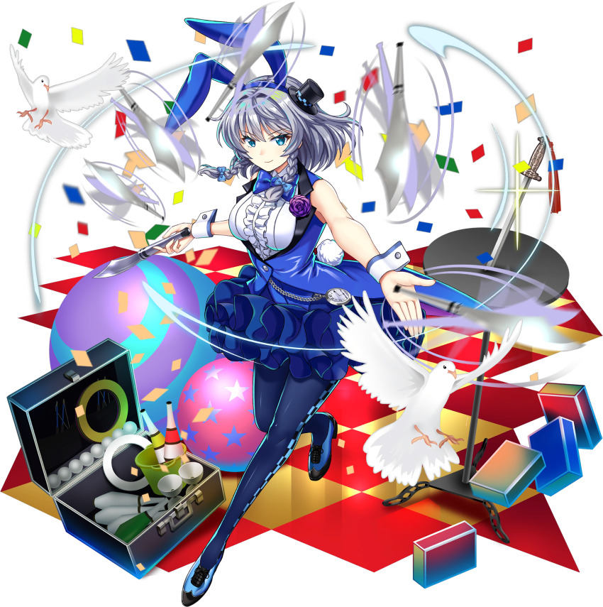 1girl alternate_costume animal_ears bird blue_eyes blue_hat blue_skirt bottle braid breasts checkered_floor confetti dove fake_animal_ears fake_tail full_body game_cg grey_hair hat highres izayoi_sakuya izayoi_sakuya_(horned_rabbit_silver_juggler) juggling knife looking_at_viewer medium_breasts mini_hat mini_top_hat nontraditional_playboy_bunny official_art pantyhose pocket_watch rabbit_ears rabbit_tail rotte_(1109) side_braids skirt solo sword tail tailcoat third-party_source top_hat touhou touhou_lostword transparent_background twin_braids watch weapon wrist_cuffs