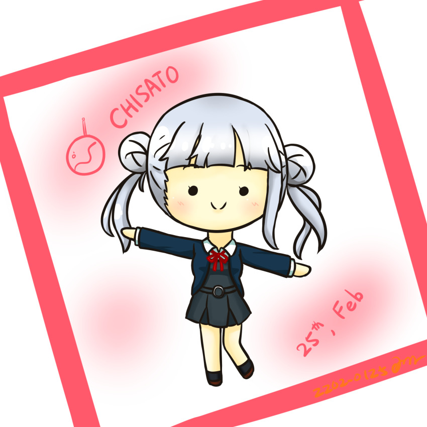 1girl alice37125 arashi_chisato artist_name artist_request bare_legs belt black_socks blue_cardigan blue_jacket blush border bow bowtie breasts brown_footwear buttons cardigan chibi collared_shirt cropped_jacket double_bun dress dress_shirt female_focus full_body grey_belt grey_shirt grey_skirt hair_bun hair_tie highres jacket long_hair long_sleeves looking_at_viewer love_live! love_live!_superstar!! miniskirt neck_ribbon o-ring o-ring_belt outstretched_arms parted_lips plaid_clothes plaid_skirt pleated pleated_skirt red_border red_bow red_eyes red_ribbon ribbon school_uniform shirt shoes skirt smile socks solo standing twintails white_background white_hair white_shirt wing_collar yuigaoka_school_uniform