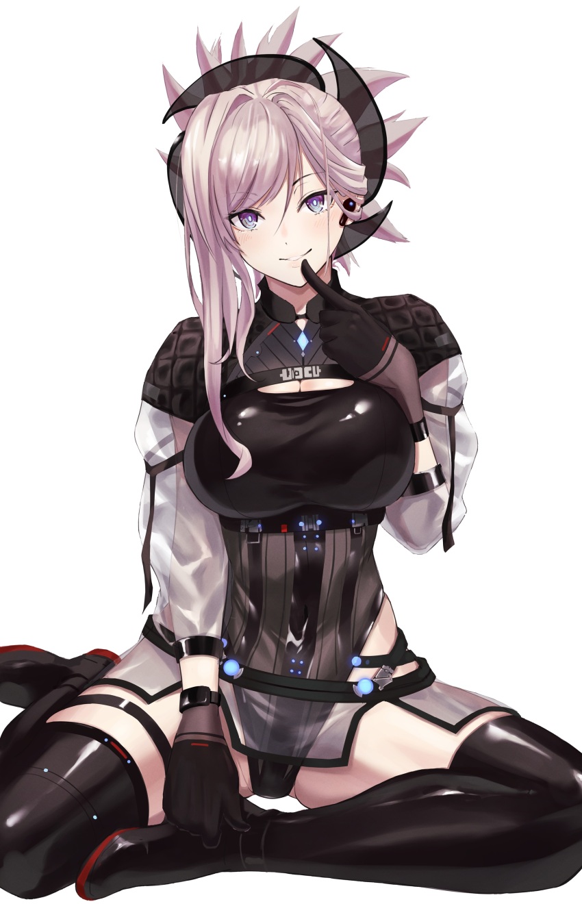 1girl absurdres belt black_footwear black_gloves black_leotard blue_eyes boots breasts cleavage cleavage_cutout clothing_cutout earpiece fate/grand_order fate_(series) gloves hair_ornament highleg highleg_leotard highres kugiseiichi large_breasts leotard long_hair long_sleeves looking_at_viewer microskirt miyamoto_musashi_(exhibition_attire)_(fate) miyamoto_musashi_(fate) open_mouth pink_hair ponytail see-through_clothes see-through_skirt see-through_sleeves sitting skirt smile solo swept_bangs thigh_boots white_background