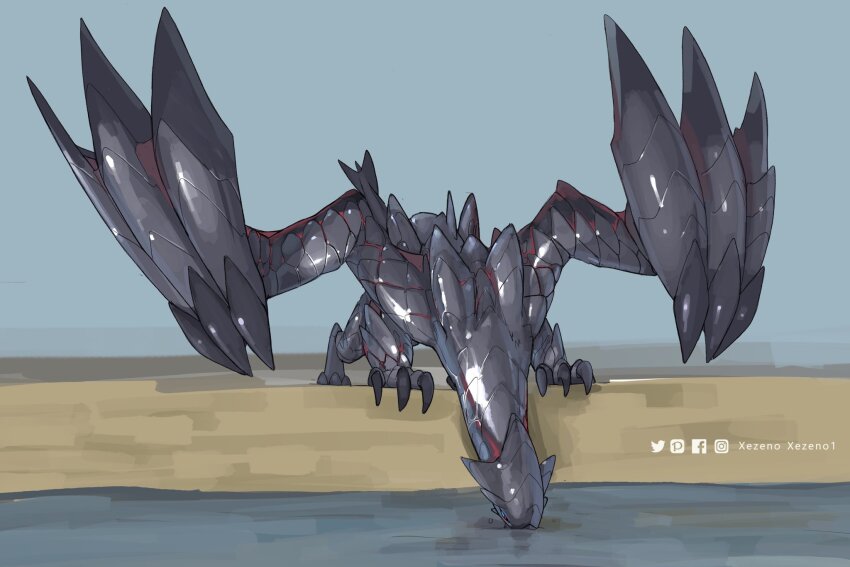 artist_name blue_sclera claws colored_sclera commentary creature dragon dragon_wings drinking english_commentary facebook_logo full_body grey_scales highres instagram_logo meme monster monster_focus monster_hunter_(series) no_humans outdoors pixiv_logo red_eyes scales simple_background solo spiked_wings tail twitter_logo valstrax wings xezeno