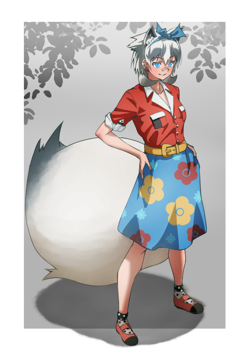 1girl absurdres animal_ears belt blue_bow blue_eyes blue_skirt bow brown_hair collared_shirt earrings extra_ears floral_print full_body grey_socks hair_bow highres inugami_gyoubu_(kemono_friends) jewelry kemono_friends kemono_friends_3 large_tail mary_janes official_alternate_costume polka_dot polka_dot_legwear raccoon_ears raccoon_girl raccoon_tail red_footwear red_shirt shirt shoes short_hair short_sleeves skirt socks solo t-shirt tail tanabe_(fueisei) two-tone_shirt white_hair yellow_belt