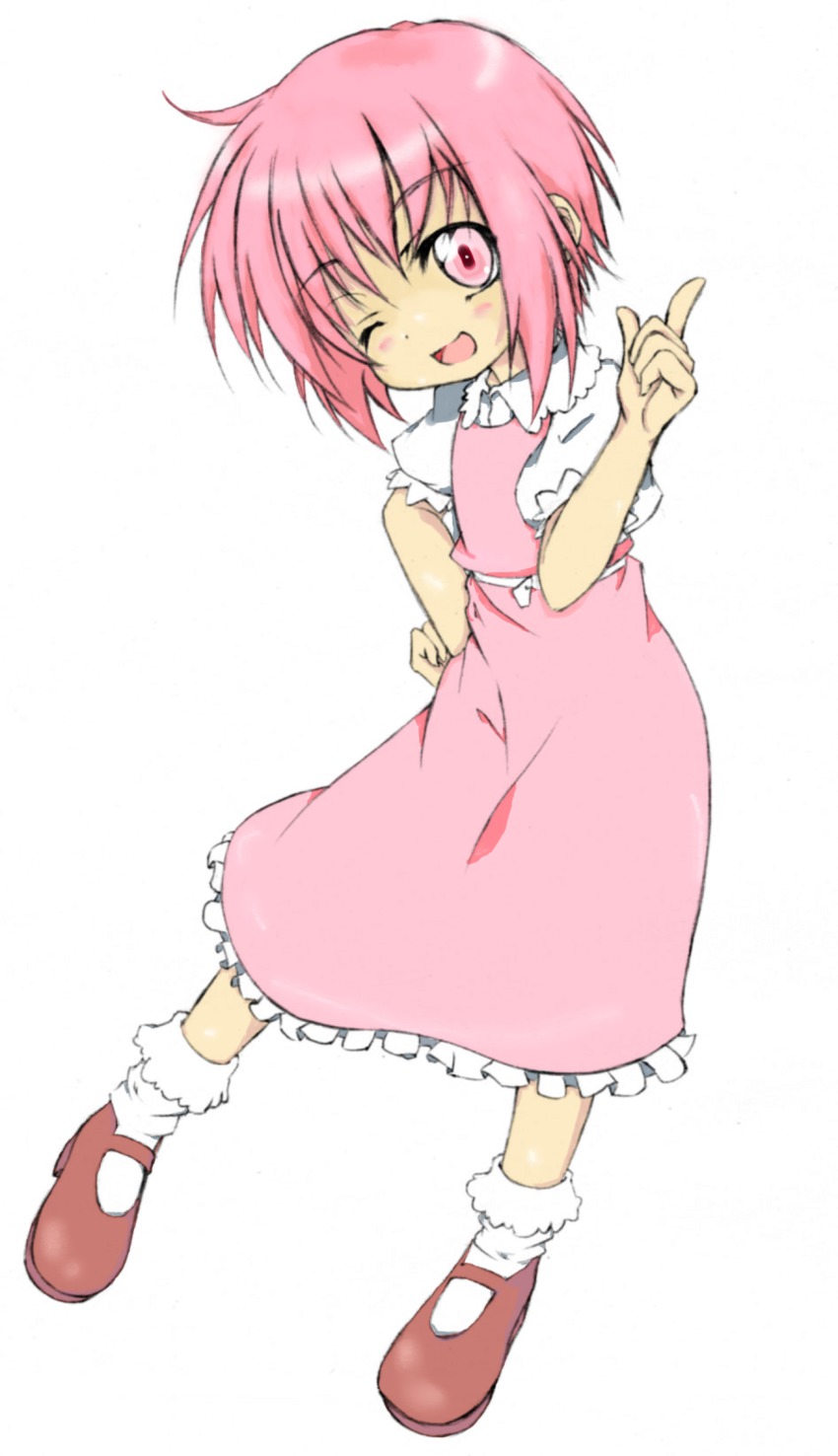 1girl blush colorized dress ero_daioh female_focus full_body highres looking_at_viewer one_eye_closed pink_eyes pink_hair short_hair simple_background solo toaru_majutsu_no_index tsukuyomi_komoe wink