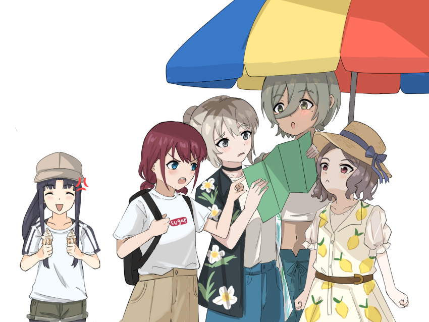 5girls anger_vein awa_subaru backpack bag black_bag black_choker black_pantyhose blue_eyes blue_shorts blush brown_hat brown_shorts choker commentary_request dress ebizuka_tomo girls_band_cry grey_hair hair_between_eyes hair_bun hat highres holding holding_ice_cream_cone holding_map ice_cream_cone iseri_nina jacket kawaragi_momoka lemon_print long_hair long_hair_between_eyes low_twintails map melting_ice_cream midriff mole mole_under_eye multicolored_hair multiple_girls navel open_clothes open_jacket open_mouth pantyhose pantyhose_under_shorts parasol ponytail red_hair roots_(hair) rupa_(girls_band_cry) sagittarius_(cruxhkg) shirt short_hair short_sleeves short_twintails shorts sidelocks single_hair_bun teeth togenashi_togeari twintails umbrella upper_teeth_only white_background white_dress white_shirt