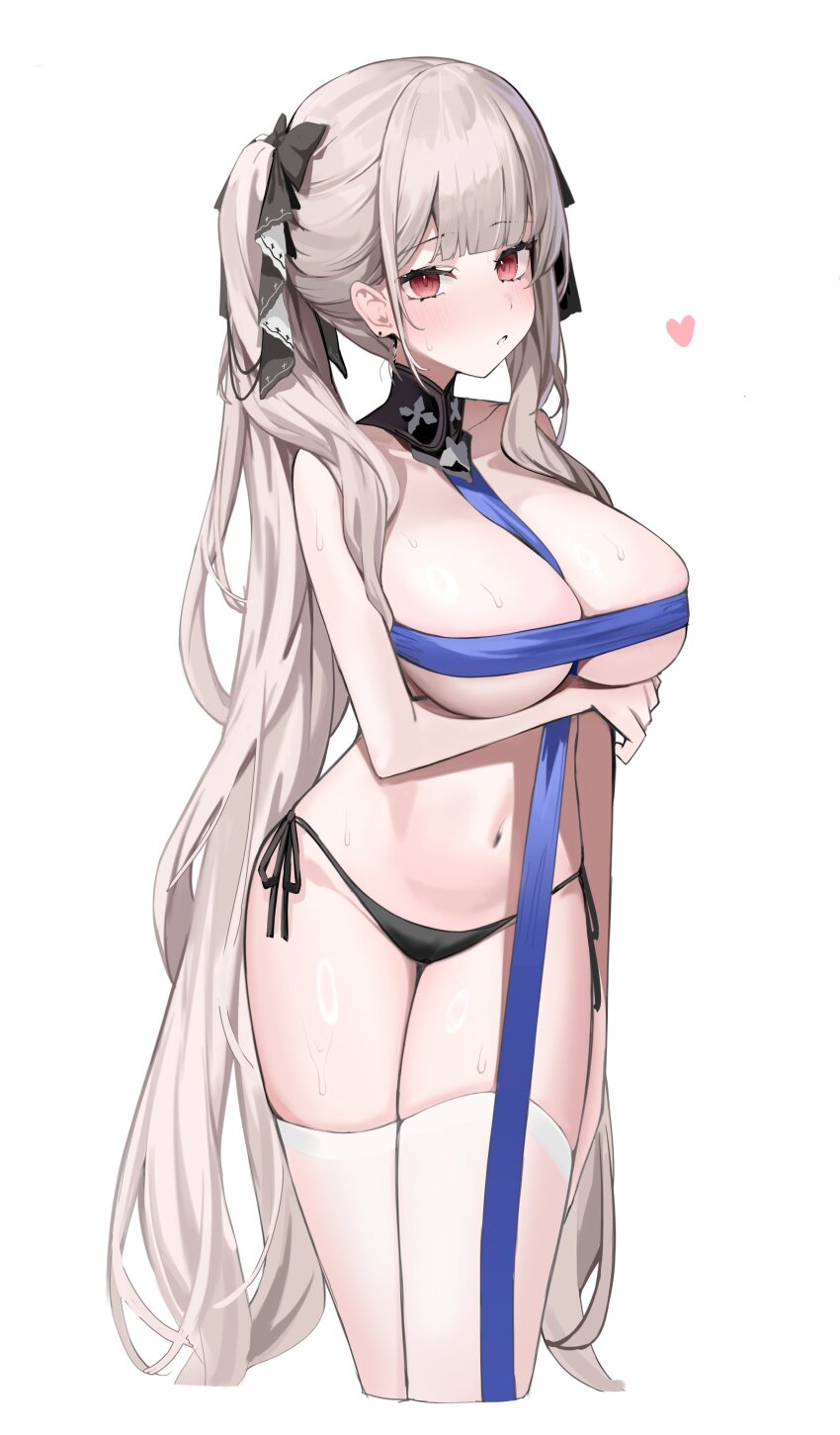 1girl absurdres alternate_costume azur_lane bare_shoulders between_breasts black_bow black_panties black_ribbon blue_ribbon blunt_bangs bow breast_ribbon breasts cleavage collarbone commentary cowboy_shot formidable_(azur_lane) grey_hair hair_bow hair_ribbon heart highres large_breasts long_hair looking_at_viewer navel nephthys2356 panties red_eyes ribbon side-tie_panties simple_background solo standing stomach sweat symbol-only_commentary thighhighs twintails underwear very_long_hair white_background white_thighhighs