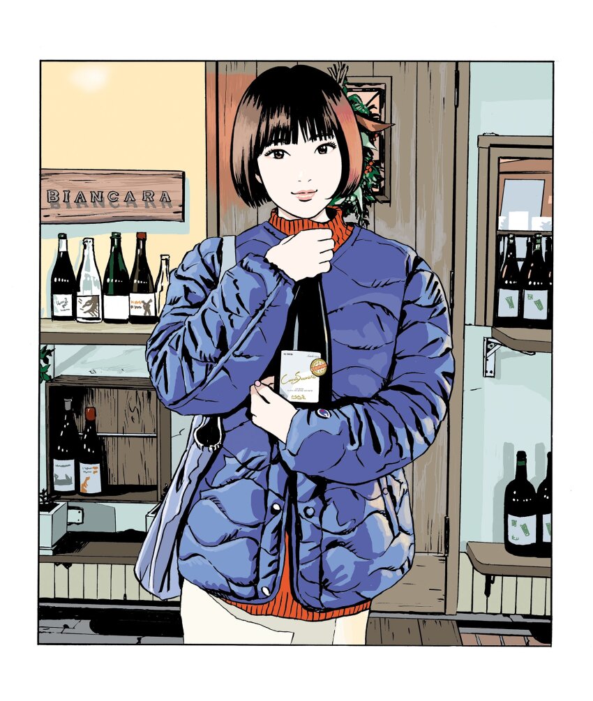 1girl alcohol bag blue_bag blue_jacket bob_cut border bottle brown_eyes brown_hair christmas_wreath closed_mouth cowboy_shot door down_jacket eguchi_hisashi eyelashes highres holding holding_bottle indoors jacket lips looking_at_viewer nose original pink_lips red_sweater shelf short_hair shoulder_bag skirt solo sweater thick_lips turtleneck turtleneck_sweater white_border white_skirt wine wine_bottle wooden_door wooden_floor wreath