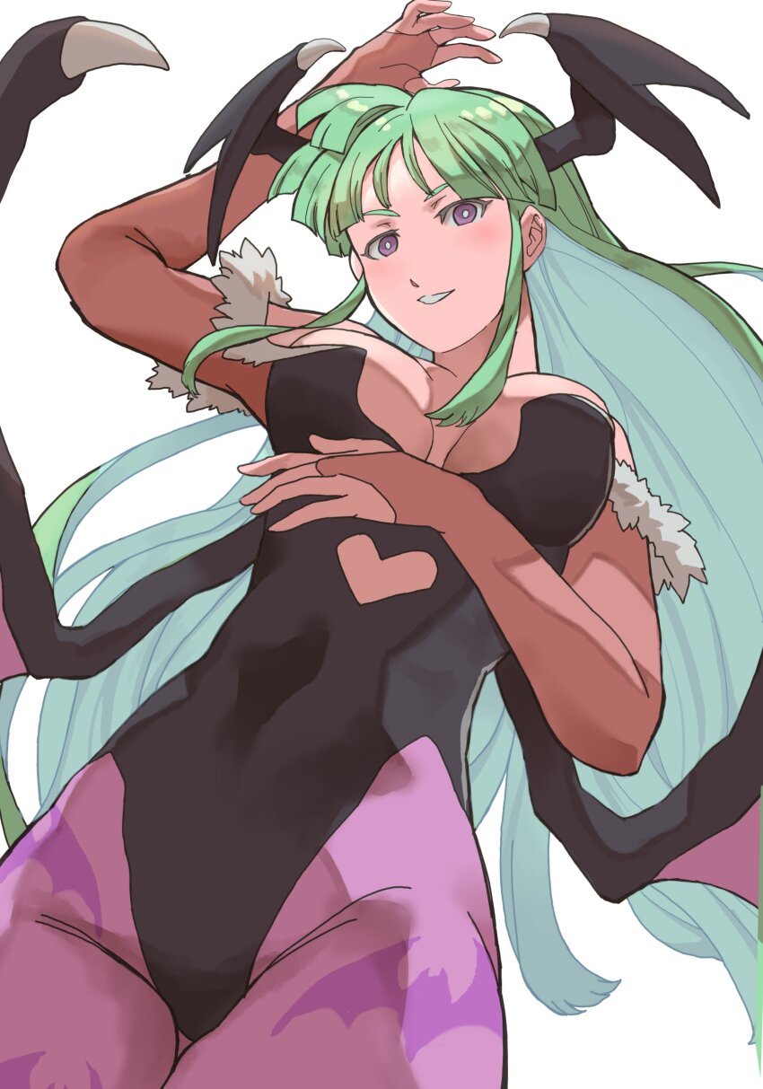 1girl absurdres animal_print bare_shoulders bat_print bat_wings breasts bridal_gauntlets capcom clothing_cutout commentary_request gloves green_hair head_wings heart_cutout highres k_katora leotard long_hair looking_at_viewer low_wings marvel_vs._capcom morrigan_aensland off-shoulder_leotard pantyhose print_pantyhose purple_eyes purple_pantyhose smile darkstalkers white_background wings