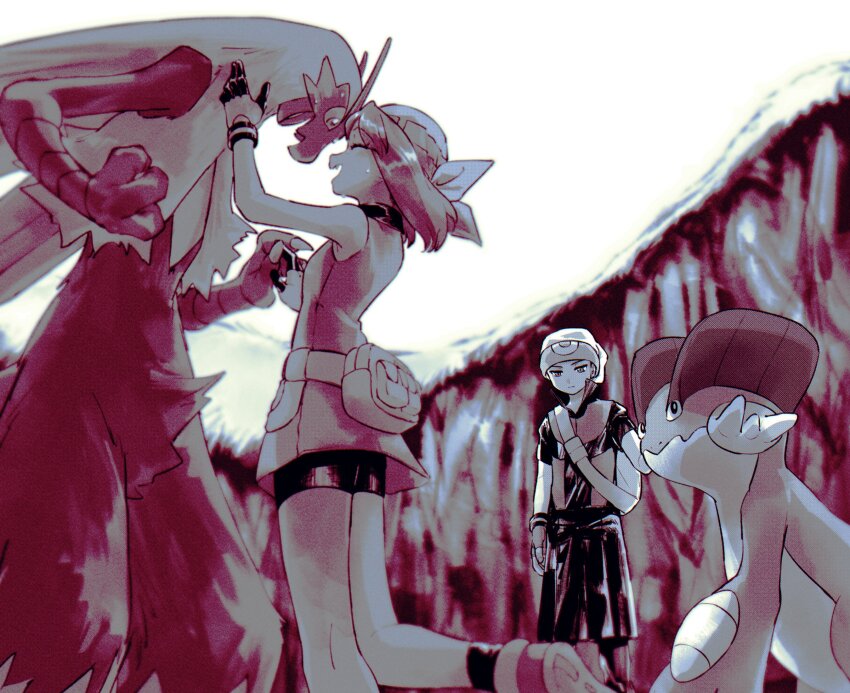 1boy 1girl backpack bag bandana beanie bike_shorts blaziken brendan_(pokemon) claws collared_shirt creatures_(company) fang fanny_pack funabara_(sksn_herb) game_freak gen_3_pokemon gloves hat highres may_(pokemon) nintendo pokemon pokemon_(creature) pokemon_adventures shirt sleeveless sleeveless_shirt swampert two-tone_gloves