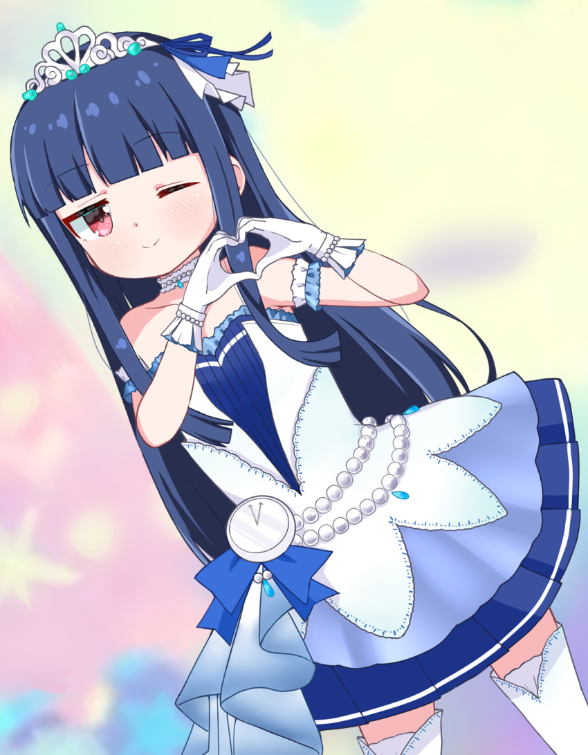 1girl bare_shoulders bead_bracelet bead_necklace beads blue_hair blue_ribbon blunt_bangs blurry blurry_background blush bracelet choker closed_mouth collarbone commentary_request cowboy_shot crys_(dai) dress dutch_angle flat_chest gloves hair_ribbon heart heart_hands highres idolmaster idolmaster_cinderella_girls jewelry jitome layered_dress long_hair necklace one_eye_closed red_eyes ribbon sajo_yukimi sidelocks smile solo split_mouth strapless strapless_dress thighhighs tiara very_long_hair white_choker white_dress white_gloves white_thighhighs