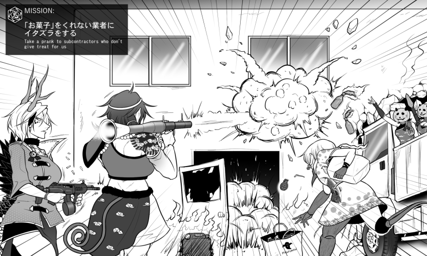 3girls antlers assault_rifle circlet dragon_girl dragon_horns dragon_tail ebisu_eika explosion explosive frilled_shirt frills grenade grenade_launcher greyscale gun highres holding holding_rocket_launcher holding_weapon horns kicchou_yachie long_earlobes monkey_girl monkey_tail monochrome multiple_girls open_mouth rifle rocket_launcher rpg_(weapon) ryuuichi_(f_dragon) shirt smile son_biten tail touhou turtle_shell weapon