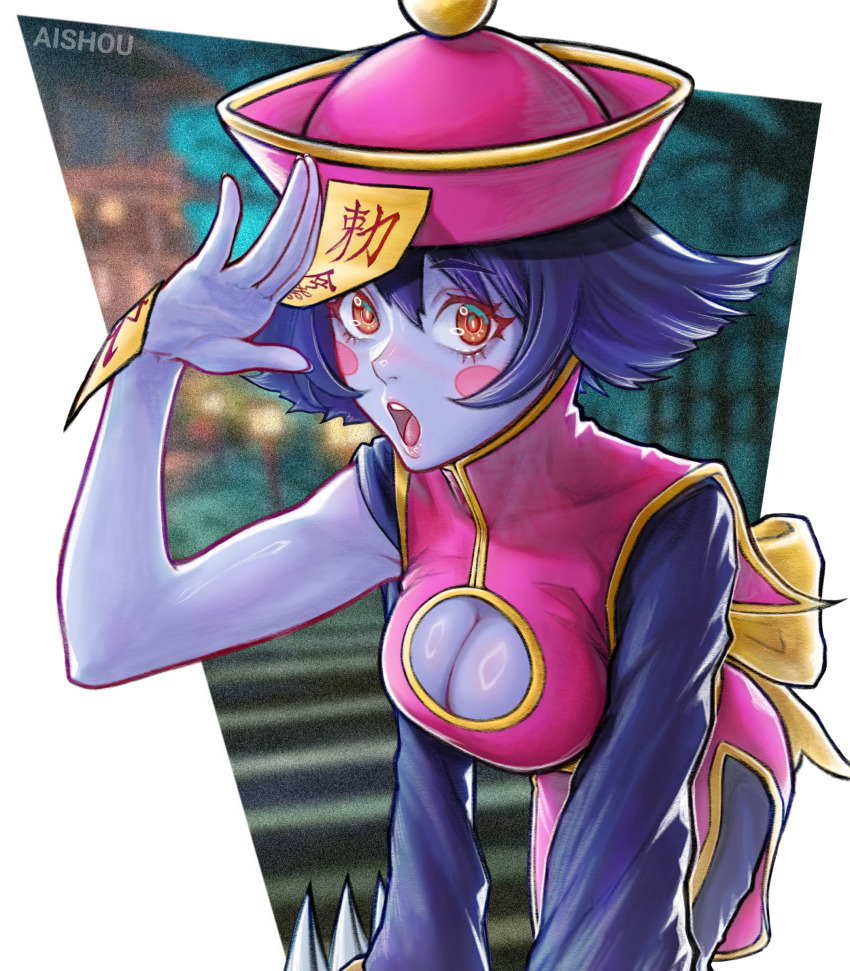 1girl absurdres ai_shou artist_name breasts chinese_clothes cleavage cleavage_cutout clothing_cutout colored_skin commentary darkstalkers hat highres hsien-ko jiangshi ofuda qingdai_guanmao short_hair solo