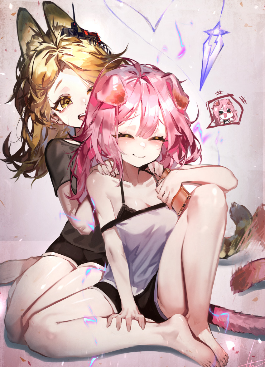 &gt;_&lt; +++ 2girls :d &gt;_&lt; ^_^ absurdres animal_ears arknights bare_arms bare_shoulders barefoot black_shorts blonde_hair brown_eyes camisole cat_ears cat_girl cat_tail closed_eyes closed_mouth commentary_request goldenglow_(arknights) highres knee_up long_hair multiple_girls open_mouth parted_bangs pink_hair quercus_(arknights) ribiadan short_shorts shorts sitting smile tail white_camisole xd