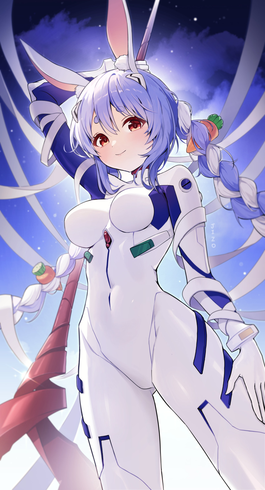 1girl absurdres animal_ear_fluff animal_ears arm_up ayanami_rei ayanami_rei_(cosplay) blue_hair bodysuit braid breasts carrot_hair_ornament commentary_request cosplay double-parted_bangs food-themed_hair_ornament from_below hair_between_eyes hair_ornament highres hikimayu holding holding_polearm holding_weapon hololive interface_headset jizo_3x357 knees_out_of_frame lance_of_longinus_(evangelion) long_hair looking_at_viewer mecha_pilot_suit medium_breasts multicolored_hair neon_genesis_evangelion night plugsuit polearm rabbit-shaped_pupils rabbit_ears rabbit_girl red_eyes short_eyebrows sidelocks skin_tight smile solo standing symbol-shaped_pupils thick_eyebrows twin_braids twintails two-tone_hair usada_pekora virtual_youtuber weapon white_bodysuit white_hair