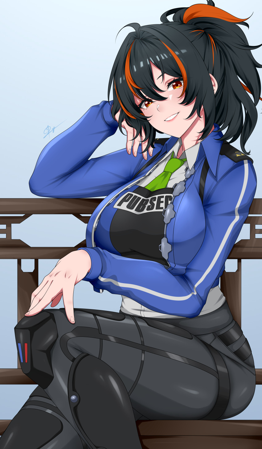 1girl absurdres black_hair black_pants blue_background blue_jacket breasts clenched_teeth green_necktie head_rest high-waist_pants highres holster jacket large_breasts looking_at_viewer multicolored_hair necktie on_bench open_mouth pants police police_uniform policewoman ponytail red_eyes red_hair rizyznn shoulder_holster sitting solo streaked_hair teeth zenless_zone_zero zhu_yuan